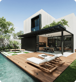 Modern home pool and backyard view