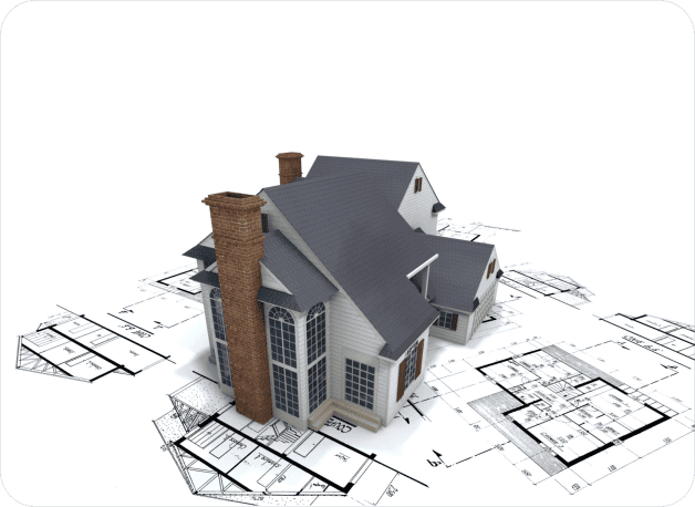 3D model of a house sitting on top of a number of blueprints