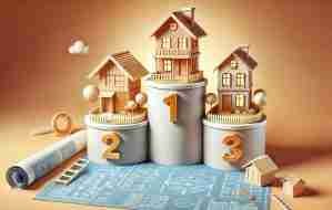 An olympic style podium with different house styles on top