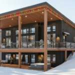 Plan 580-1009 Front view with large windows and festive lighting