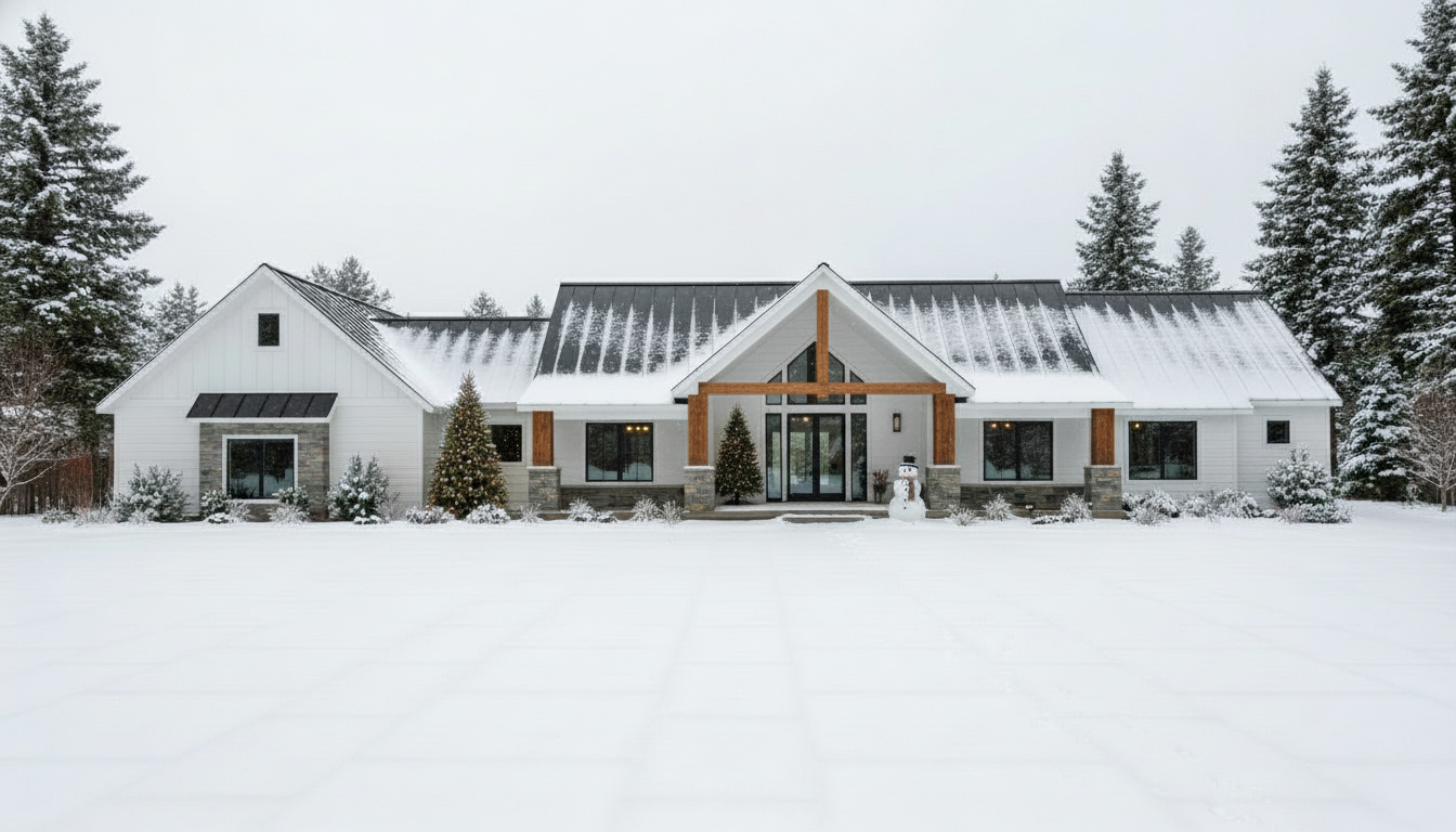Plan 580-1005 Front view of a modern home with a gable roof and stone
