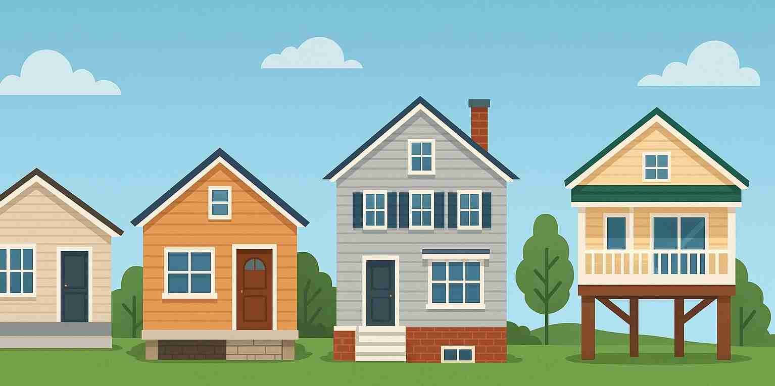 Image showing houses of various foundation types including slab, crawlspace, basement, and piling