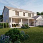 Plan 288-0262 Front view of a two-story home with a porch and garage