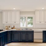 Plan 288-0262 Modern kitchen with blue and white cabinetry and pendant