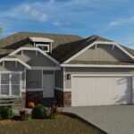 Plan 288-0260 Front view with gable roof and stone accents, two garages