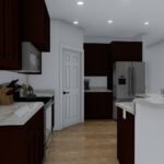 Plan 288-0260 kitchen with dark cabinetry and island seating