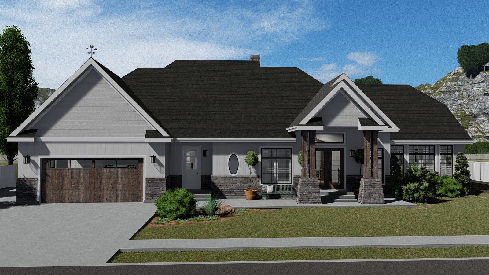 Plan 288-0235 Front view with gable roof and stone accents