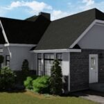 Plan 288-0235 Front right view with stone accents and landscaped yard