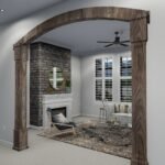 Plan 288-0235 interior view of living room with fireplace and archway