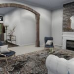 Plan 288-0235 interior view of a living room with a stone fireplace