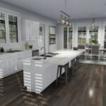 Plan 288-0235 kitchen with island, large windows, and dining area