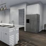 Plan 288-0235 kitchen with island, stainless steel appliances, and desk