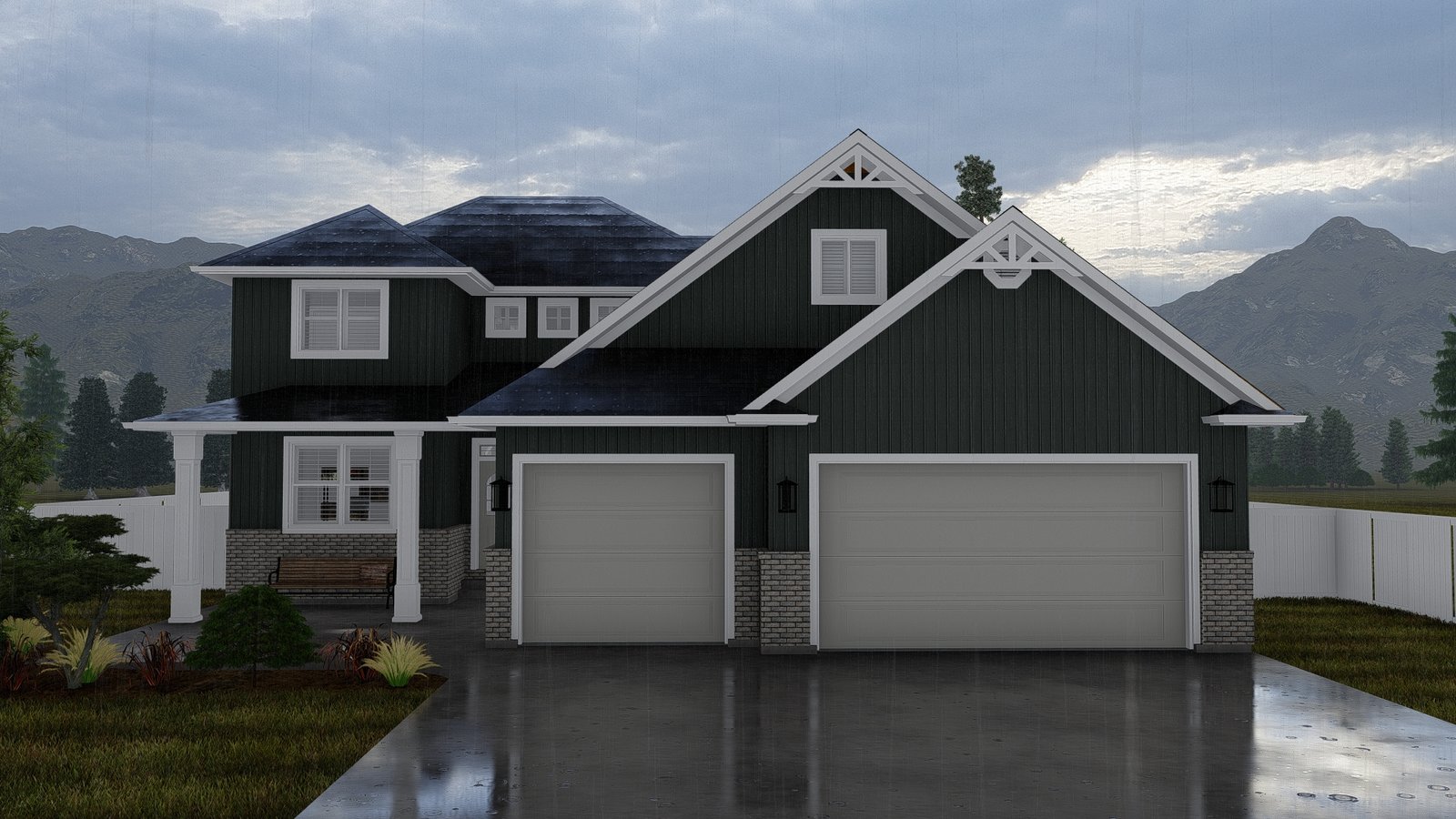 Plan 288-0263 Front view of a two-car garage with gable roof and stone