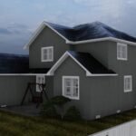 Plan 288-0263 Rear view of a two-story house with a swing set