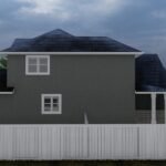 Plan 288-0263 Rear view of a two-story house with a gable roof