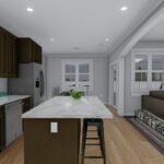 Plan 288-0263 kitchen with island and open living space