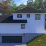 Plan 288-0264 Rear view of a two-story home with a garage and patio