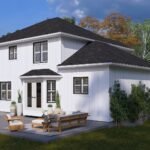 Plan 288-0264 Rear view of a two-story home with a patio and garden