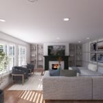 Plan 288-0264 living room with fireplace and large windows