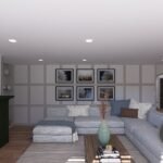 Plan 288-0264 interior view of a living room with a fireplace and artwork