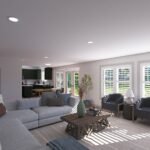 Plan 288-0264 living room with large windows and modern furnishings