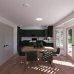 Plan 288-0264 kitchen with dining area and green cabinetry