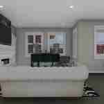 Plan 288-0136 living room with stone fireplace and large windows