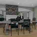 Plan 288-0136 dining room with stone fireplace and large windows