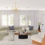 Plan 288-0149 living room with curved sofa and large windows