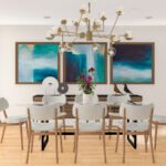 Plan 288-0149 dining room with modern chandelier and artwork on walls