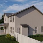 Plan 288-0265 Rear right view of a two-story home with porch and garden