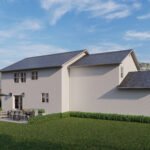 Plan 288-0265 Rear view of a modern home with patio and landscaping