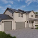 Plan 288-0265 Front view of a modern two-story home with dual garages