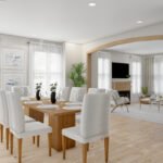 Plan 288-0265 Dining room with large windows and an archway to the living