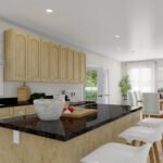 Plan 288-0265 kitchen with island, large windows, and dining area