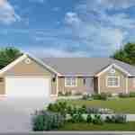 Plan 288-0097 Front view of a single-story home with a garage and garden