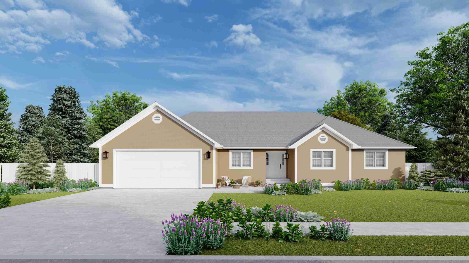 Plan 288-0097 Front view of a single-story home with a garage and garden