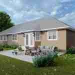Plan 288-0097 Rear view of a house with patio and landscaped garden