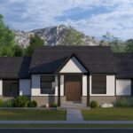 Plan 288-0237 Front view of a modern home with gable roof and porch