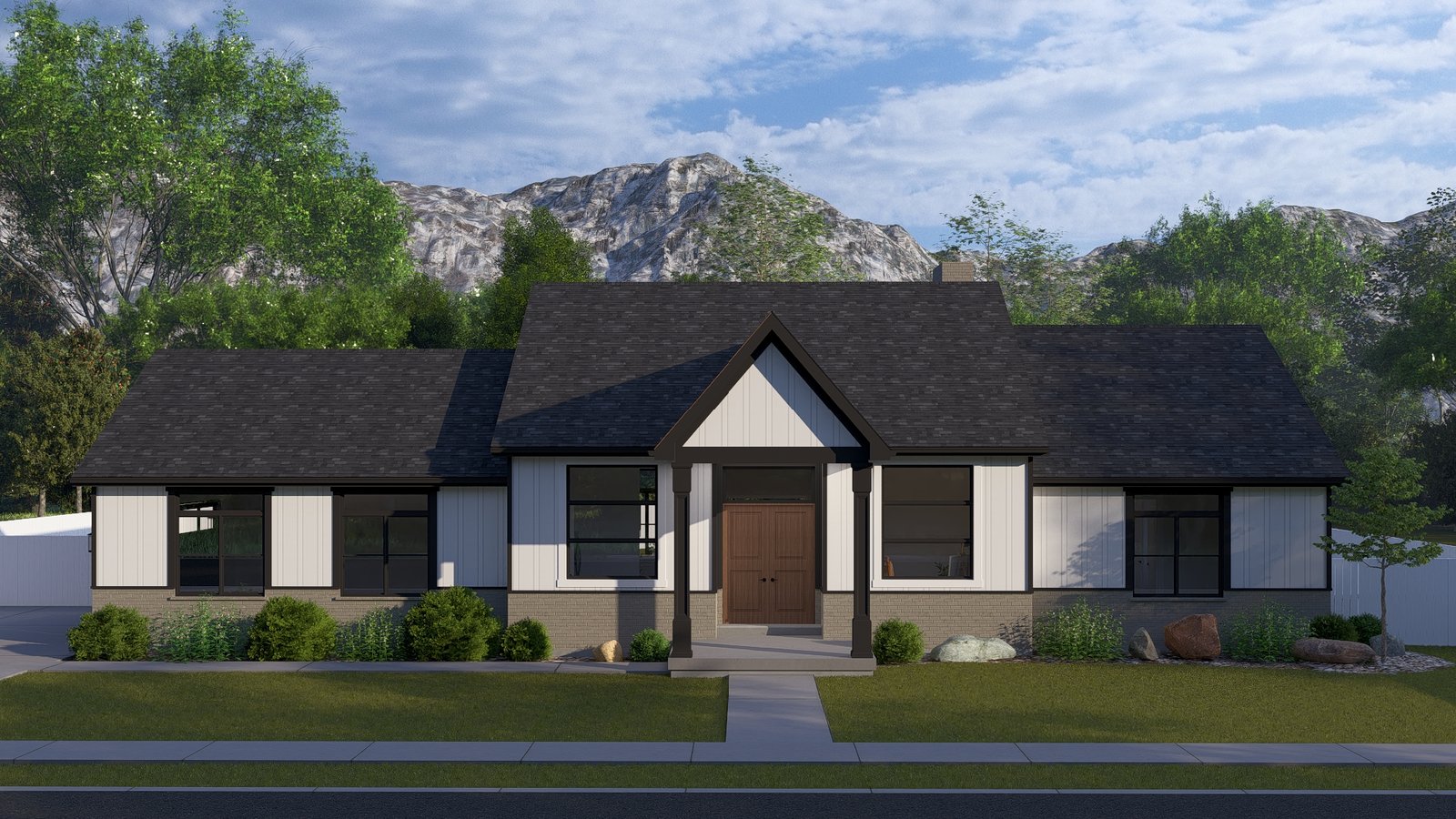 Plan 288-0237 Front view of a modern home with gable roof and porch
