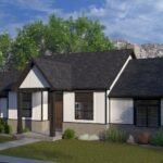 Plan 288-0237 Front view of a modern home with gable roof and porch