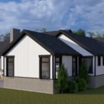 Plan 288-0237 Rear right view of a modern home with patio seating