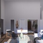 Plan 288-0237 interior view of living room with high ceiling and fireplace