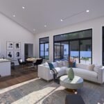 Plan 288-0237 interior view of living room with large windows and island