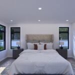 Plan 288-0237 primary bedroom with large windows and modern decor