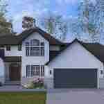 Plan 288-0266 Front view of a modern home with gable roof and two garages