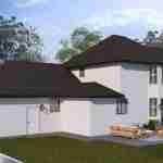 Plan 288-0266 Rear view of a two-story home with a gable roof and patio