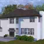 Plan 288-0266 Front view of a modern two-story home with patio seating