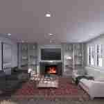 Plan 288-0266 living room with fireplace and built-in shelving