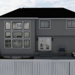 Plan 288-0267 Rear view of a modern two-story home with large windows